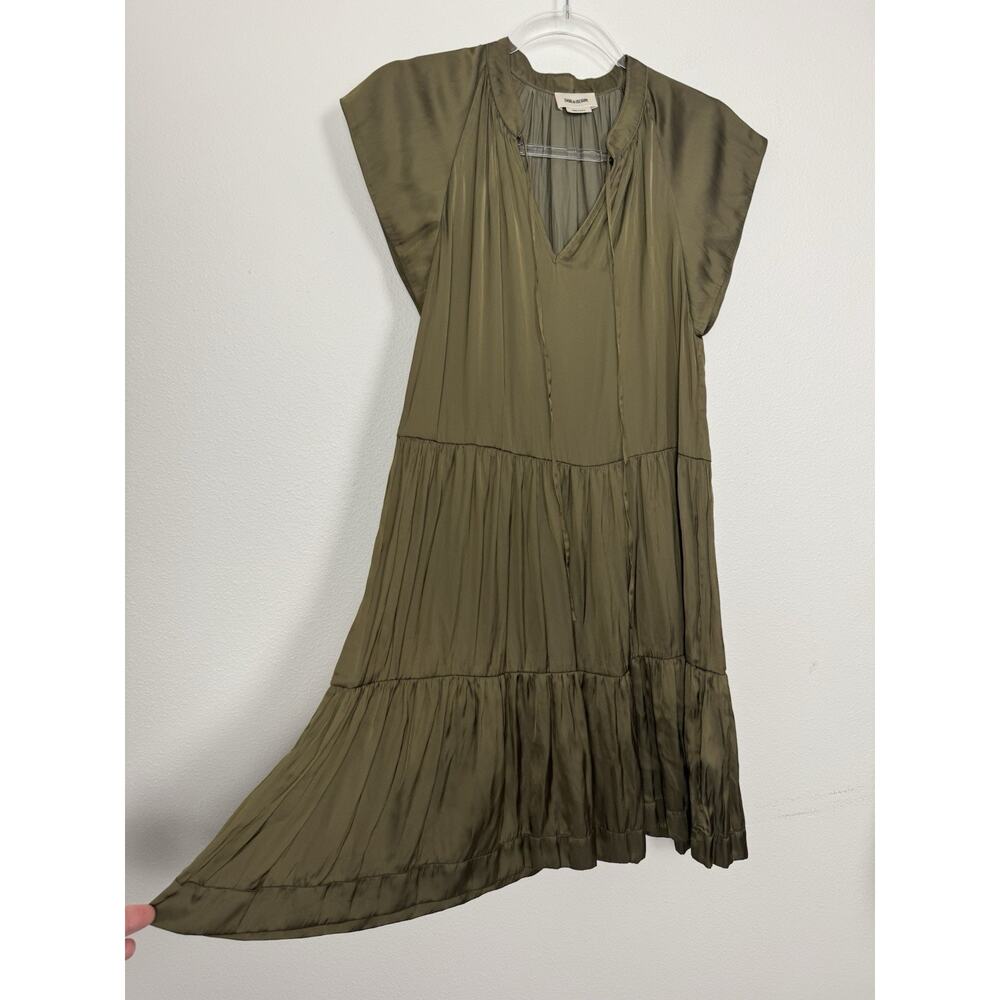 Zadig & Voltaire Olive Green Satin Dress Womens XS Flowy Tiered Mini $358 - Picture 3 of 13